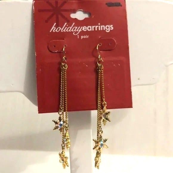 Gold Tone Snowflake Chain Dangle Earrings - Picture 1 of 5